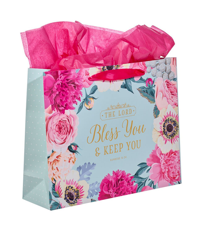 Bless You & Keep You Pink Floral Large Landscape Gift Bag with Card - Numbers 6:24