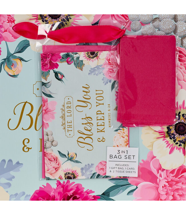 Bless You & Keep You Pink Floral Large Landscape Gift Bag with Card - Numbers 6:24