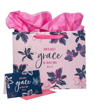 Christian Art Gifts May God's Grace Be With You Blue Floral Large Landscape Gift Bag with Card - Hebrews 13:25