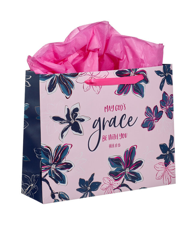 May God's Grace Be With You Blue Floral Large Landscape Gift Bag with Card - Hebrews 13:25