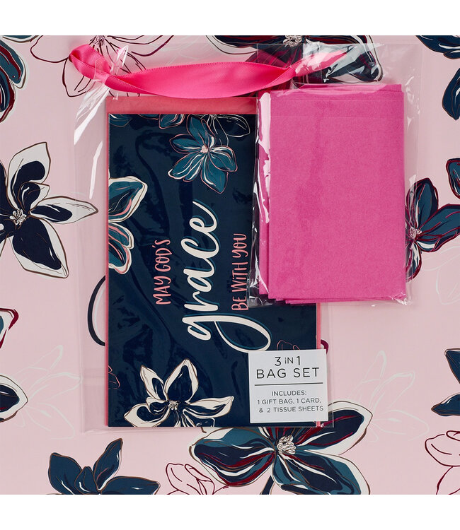 May God's Grace Be With You Blue Floral Large Landscape Gift Bag with Card - Hebrews 13:25