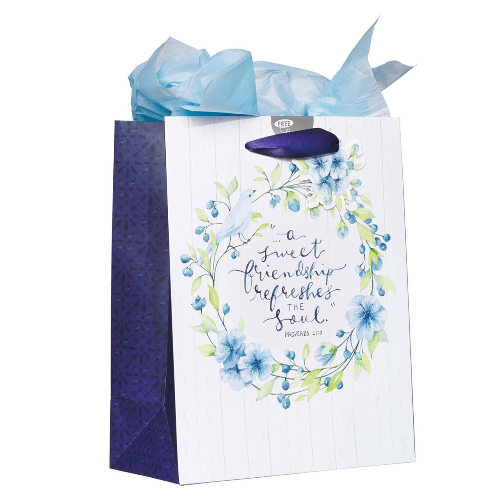 Christian Art Gifts A Sweet friendship Medium Gift Bag in White and Blue with Tissue Paper - Proverbs 27:9