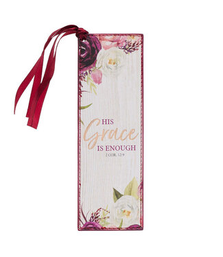 Christian Art Gifts His Grace is Enough Faux Leather Bookmark in Pink Plums - 2 Corinthians 12:9