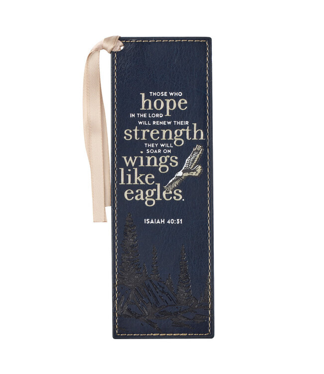On Eagle's Wings Navy Blue Faux Leather Bookmark - Isaiah 40:31
