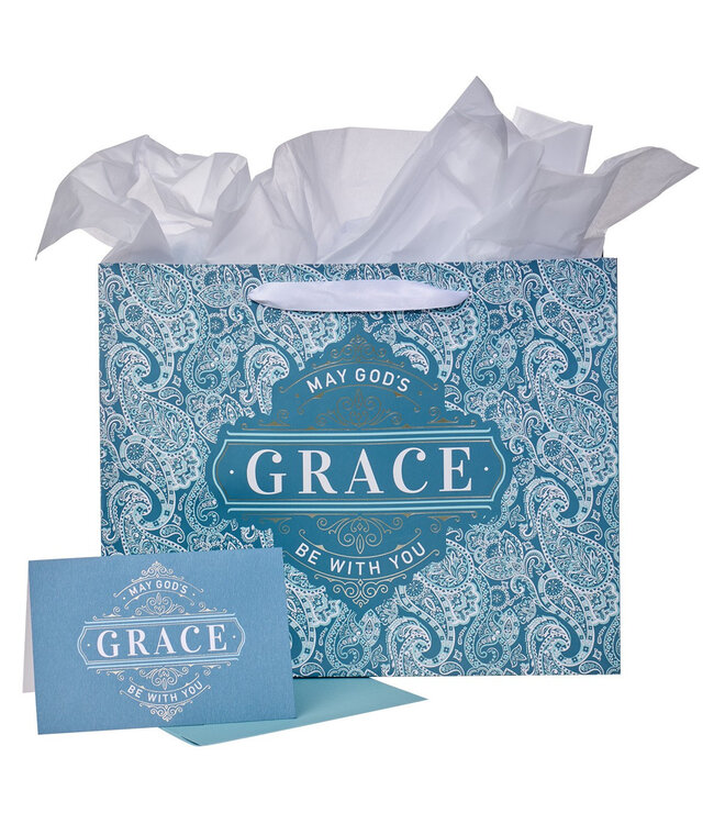 Teal Paisley God's Grace Large Landscape Gift Bag Set with Card
