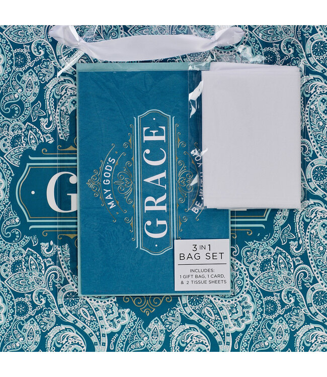 Teal Paisley God's Grace Large Landscape Gift Bag Set with Card