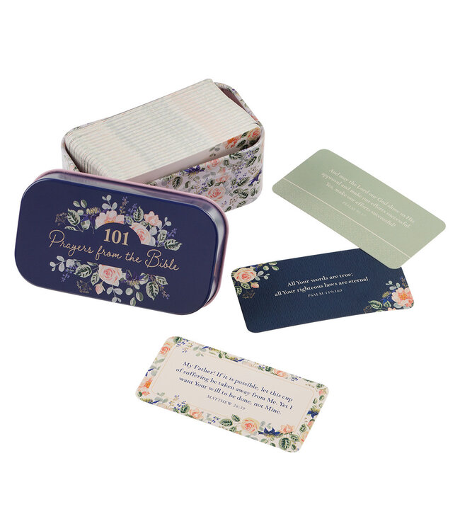101 Prayers From The Bible Navy Scripture Cards in a Tin