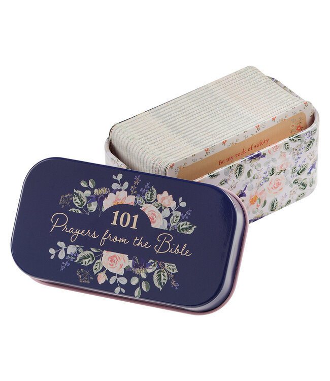101 Prayers From The Bible Navy Scripture Cards in a Tin