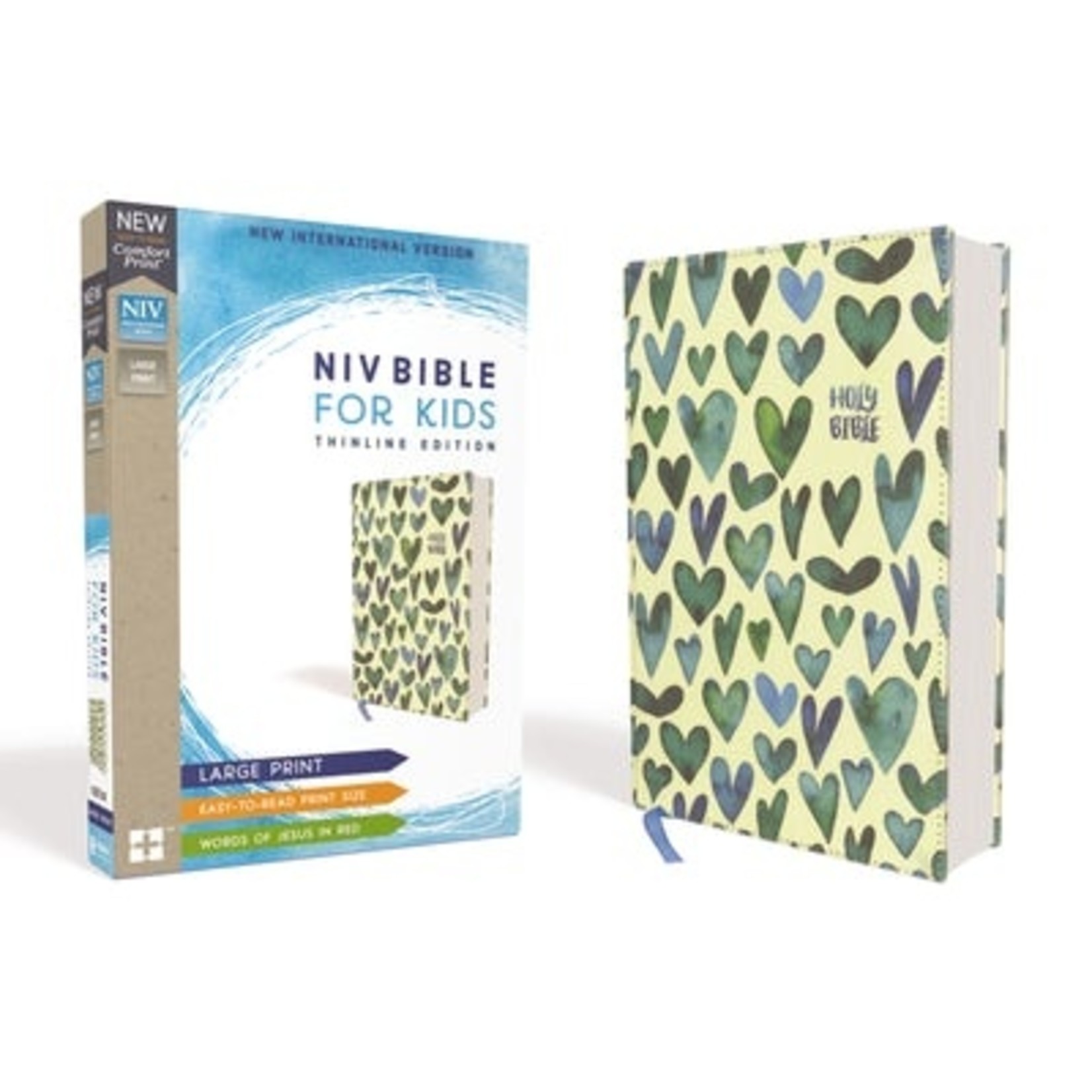 Zondervan NIV Comfort Print Bible for Kids, Large Print, Cloth over Board, Turquoise Hearts