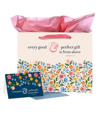 Christian Art Gifts Every Good & Perfect Gift Peach Floral Large Landscape Gift Bag and Card Set - James 1:17