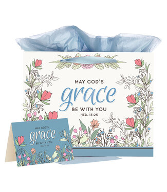 Christian Art Gifts God's Grace Blue Floral Large Landscape Gift Bag and Card Set - Hebrews 13:25