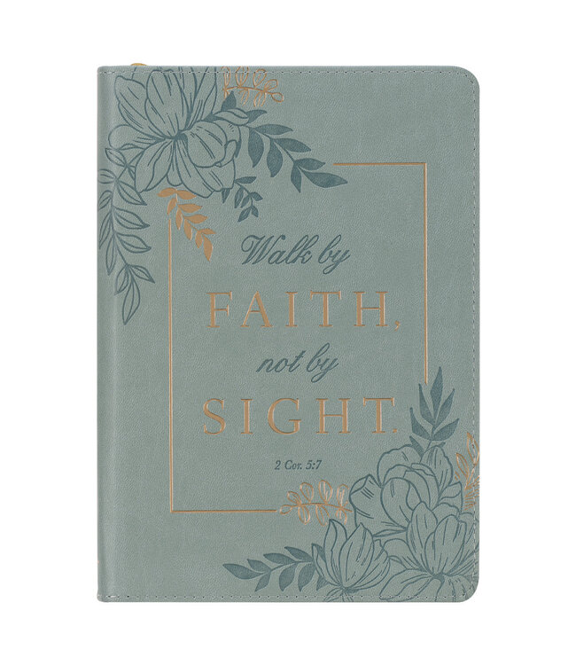 Walk By Faith Teal Floral Faux Leather Classic Journal with Zippered Closure - 2 Corinthians 5:7 | 仿皮拉鍊封口日記本