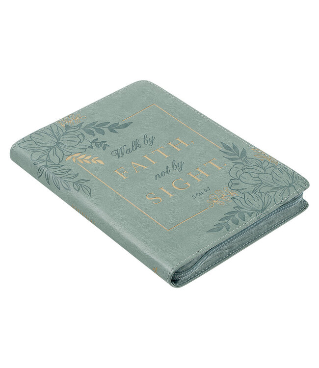 Walk By Faith Teal Floral Faux Leather Classic Journal with Zippered Closure - 2 Corinthians 5:7 | 仿皮拉鍊封口日記本