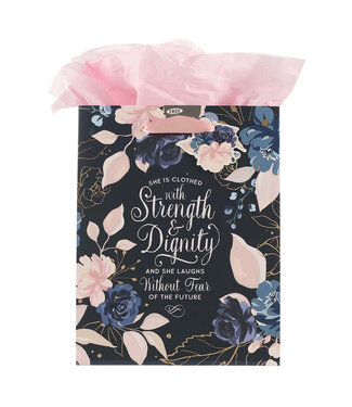 Christian Art Gifts Blue Roses Strength and Dignity Medium Gift Bag - Proverbs 31:25
