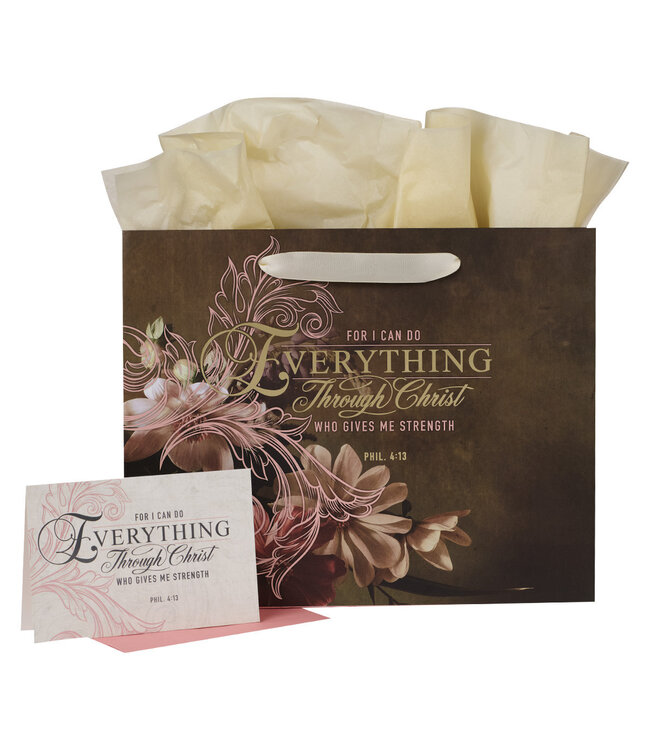 Through Christ Fluted Iris Brown and Pink Large Landscape Gift Bag with Card - Philippians 4:13