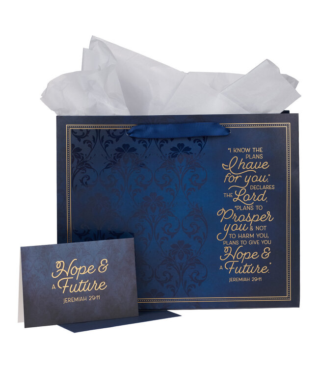 I Know The Plans Blue Floral Trellis Large Landscape Gift Bag with Card - Jeremiah 29:11