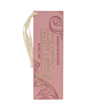Christian Art Gifts Through Christ Fluted Iris Pink Faux Leather Bookmark - Philippians 4:13