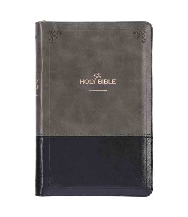 Gray and Black Faux Leather King James Version Deluxe Gift Bible with Thumb Index and Zippered Closure