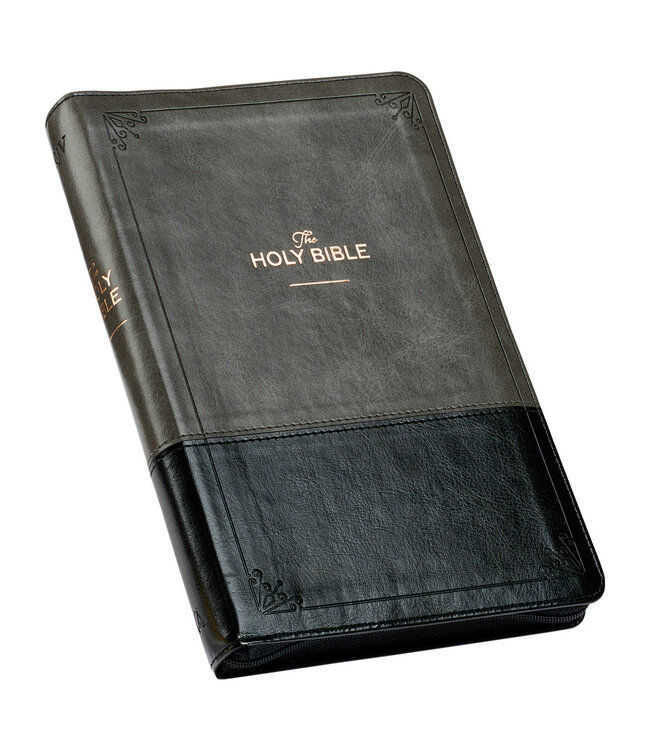 Gray and Black Faux Leather King James Version Deluxe Gift Bible with Thumb Index and Zippered Closure