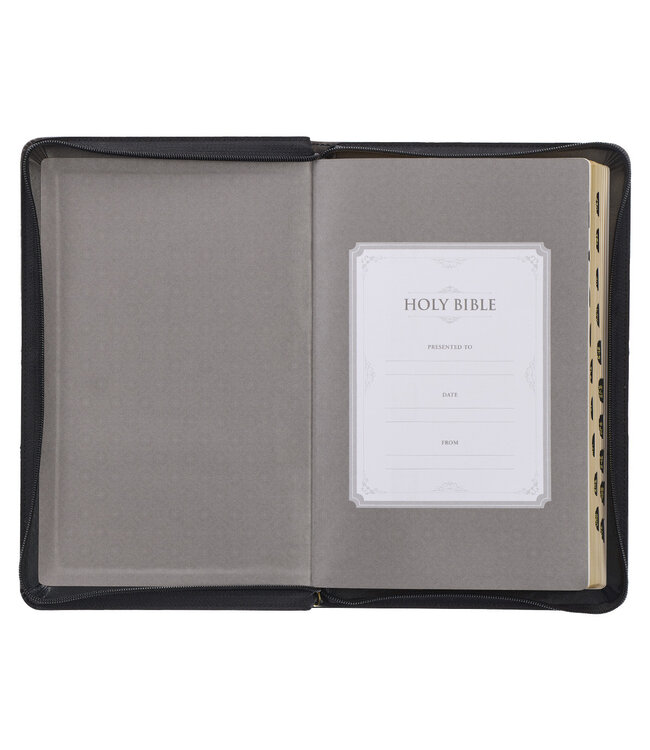 Gray and Black Faux Leather King James Version Deluxe Gift Bible with Thumb Index and Zippered Closure