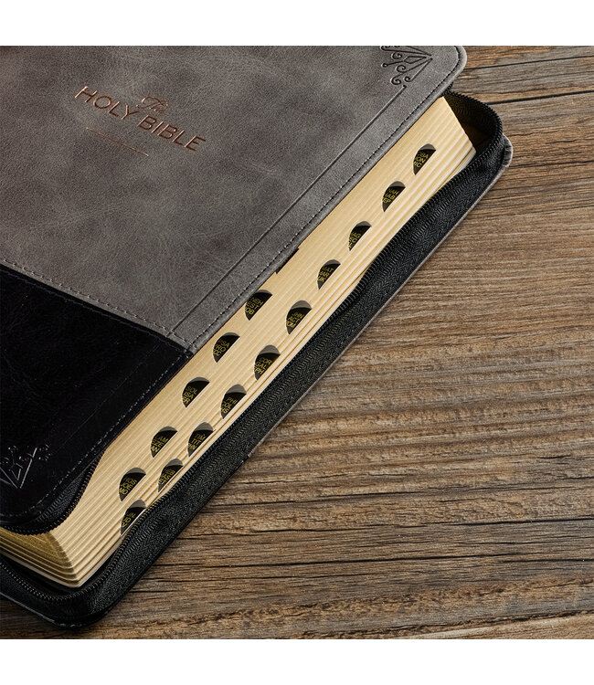 Gray and Black Faux Leather King James Version Deluxe Gift Bible with Thumb Index and Zippered Closure