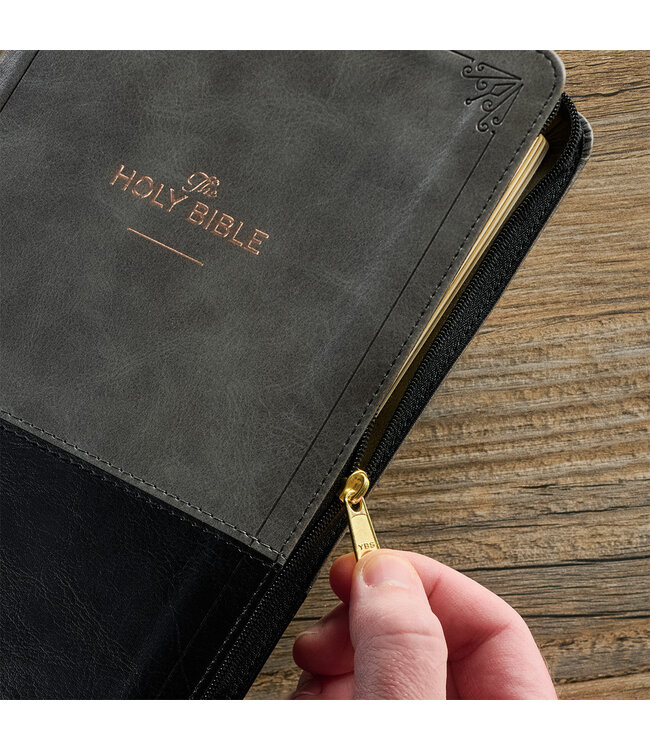 Gray and Black Faux Leather King James Version Deluxe Gift Bible with Thumb Index and Zippered Closure