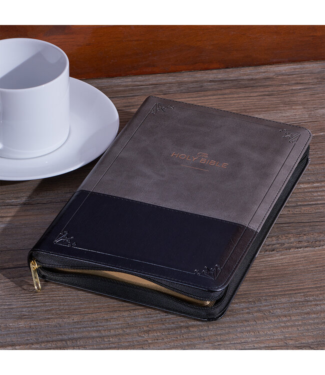Gray and Black Faux Leather King James Version Deluxe Gift Bible with Thumb Index and Zippered Closure