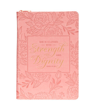 Christian Art Gifts Strength and Dignity Peach Pink Faux Leather Classic Journal with Zipper Closure - Proverbs 31:25 | 仿皮拉鍊封口日記本