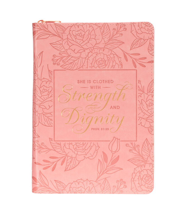 Strength and Dignity Peach Pink Faux Leather Classic Journal with Zipper Closure - Proverbs 31:25 | 仿皮拉鍊封口日記本
