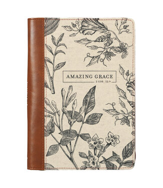 Christian Art Gifts Amazing Grace Natural Canvas and Honey-brown Faux Leather Journal with Zipper Closure - 2 Corinthians 12:9