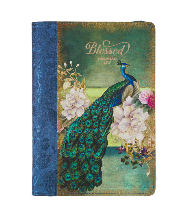 Blessed Peacock Blue Faux Leather Journal with Zipper Closure - Jeremiah 17:7