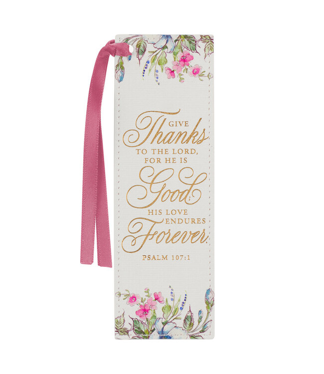 Give Thanks White Floral Faux Leather Bookmark - Psalm 107:1