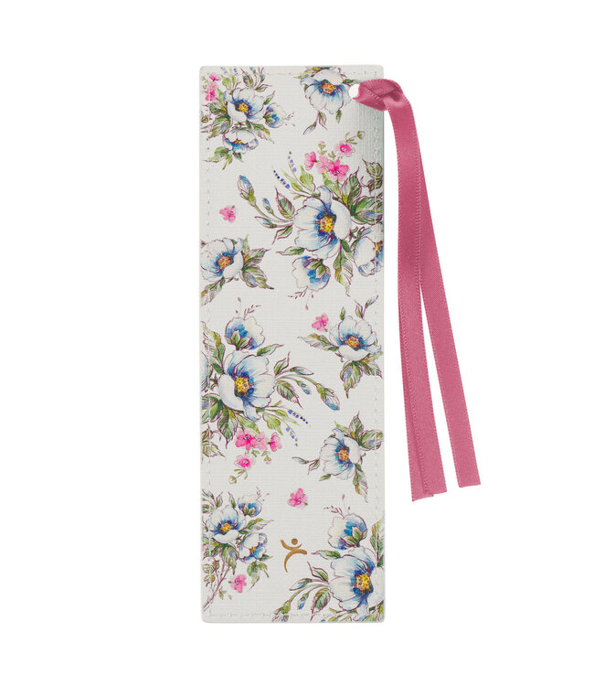 Give Thanks White Floral Faux Leather Bookmark - Psalm 107:1