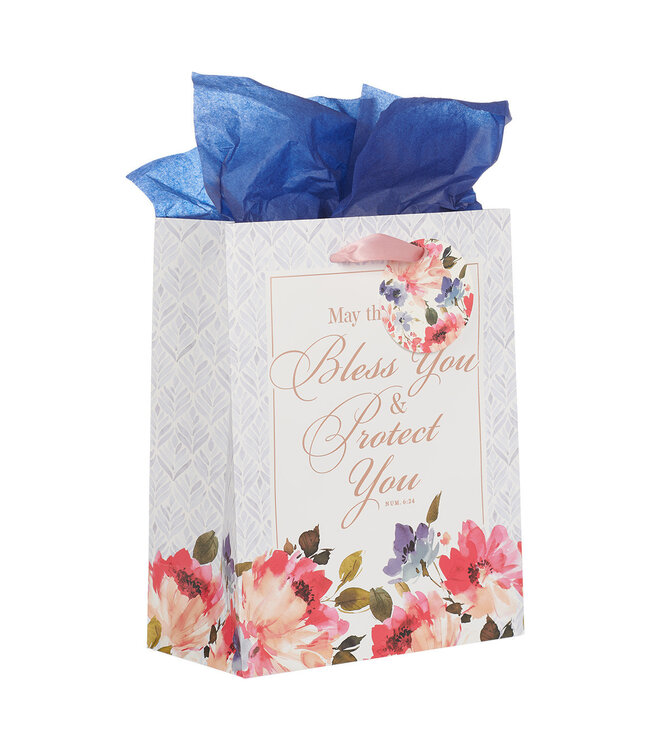 Bless You and Protect You Blue Floral Medium Gift Bag - Numbers 6:24