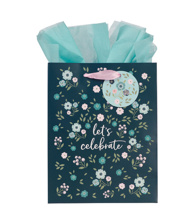 Let's Celebrate Blue Floral Medium Gift Bag - Psalm 107:1