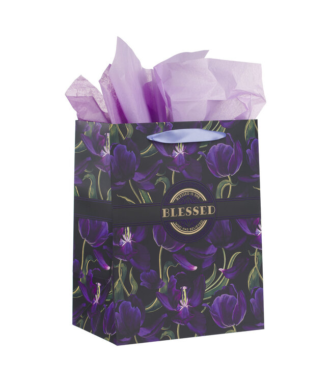 Blessed Purple Tulip Large Portrait Gift Bag with Card Set - Luke 1:45