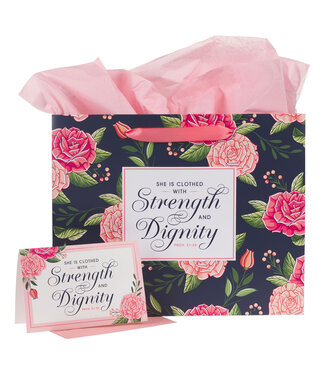 Christian Art Gifts Strength and Dignity Pink Rose Large Landscape Gift Bag with Card Set - Proverbs 31:25