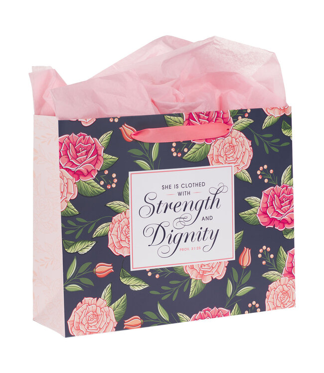 Strength and Dignity Pink Rose Large Landscape Gift Bag with Card Set - Proverbs 31:25