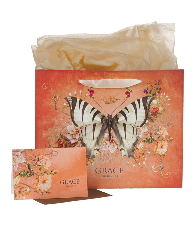 Grace Butterfly Orange Large Landscape Gift Bag with Card Set - Ephesians 2:8