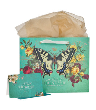 Christian Art Gifts Sweet Friendship Butterfly Green Large Landscape Gift Bag with Card Set - Proverbs 27:9