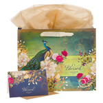 Christian Art Gifts Blessed Blue Peacock Large Landscape Gift Bag with Card Set - Jeremiah 17:7