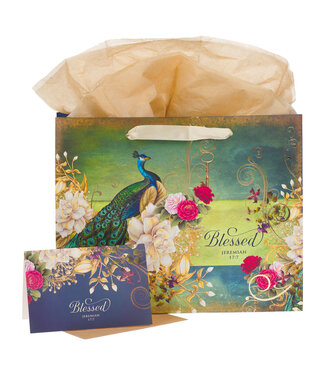 Christian Art Gifts Blessed Blue Peacock Large Landscape Gift Bag with Card Set - Jeremiah 17:7