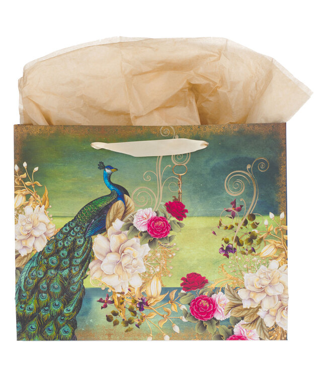 Blessed Blue Peacock Large Landscape Gift Bag with Card Set - Jeremiah 17:7