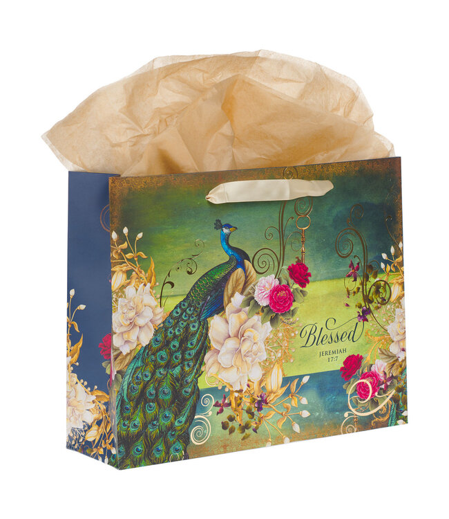 Blessed Blue Peacock Large Landscape Gift Bag with Card Set - Jeremiah 17:7