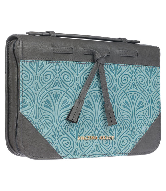 Amazing Grace Gray and Turquoise Faux Leather Fashion Bible Cover with Tassels | 「奇異恩典」灰色和藍綠色仿皮時尚聖經套，附流蘇