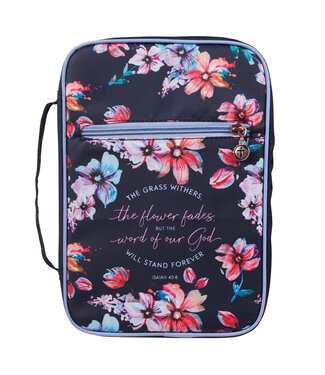 Christian Art Gifts God's Word Stands Forever Navy Floral Nylon Fashion Bible Cover - Isaiah 40:8 | 花卉尼龍時尚聖經套 - 以賽亞書40:8
