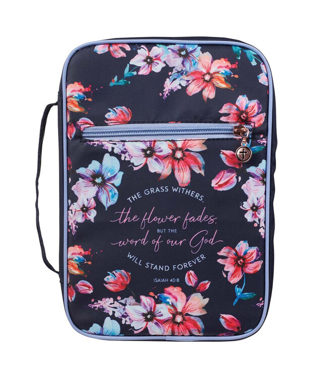 God's Word Stands Forever Navy Floral Nylon Fashion Bible Cover - Isaiah 40:8 | 花卉尼龍時尚聖經套 - 以賽亞書40:8