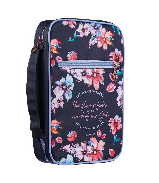 God's Word Stands Forever Navy Floral Nylon Fashion Bible Cover - Isaiah 40:8 | 花卉尼龍時尚聖經套 - 以賽亞書40:8