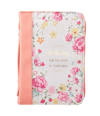 Christian Art Gifts He Works All Things for Good Peach Floral Faux Leather Fashion Bible Cover - Romans 8:28 | 桃花仿皮時尚聖經套 - 羅馬書8:28