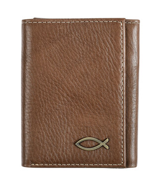 Christian Art Gifts Ichthus Fish Brown Genuine Leather Trifold Wallet | 「Ichthus Fish」啡色真皮三摺錢包